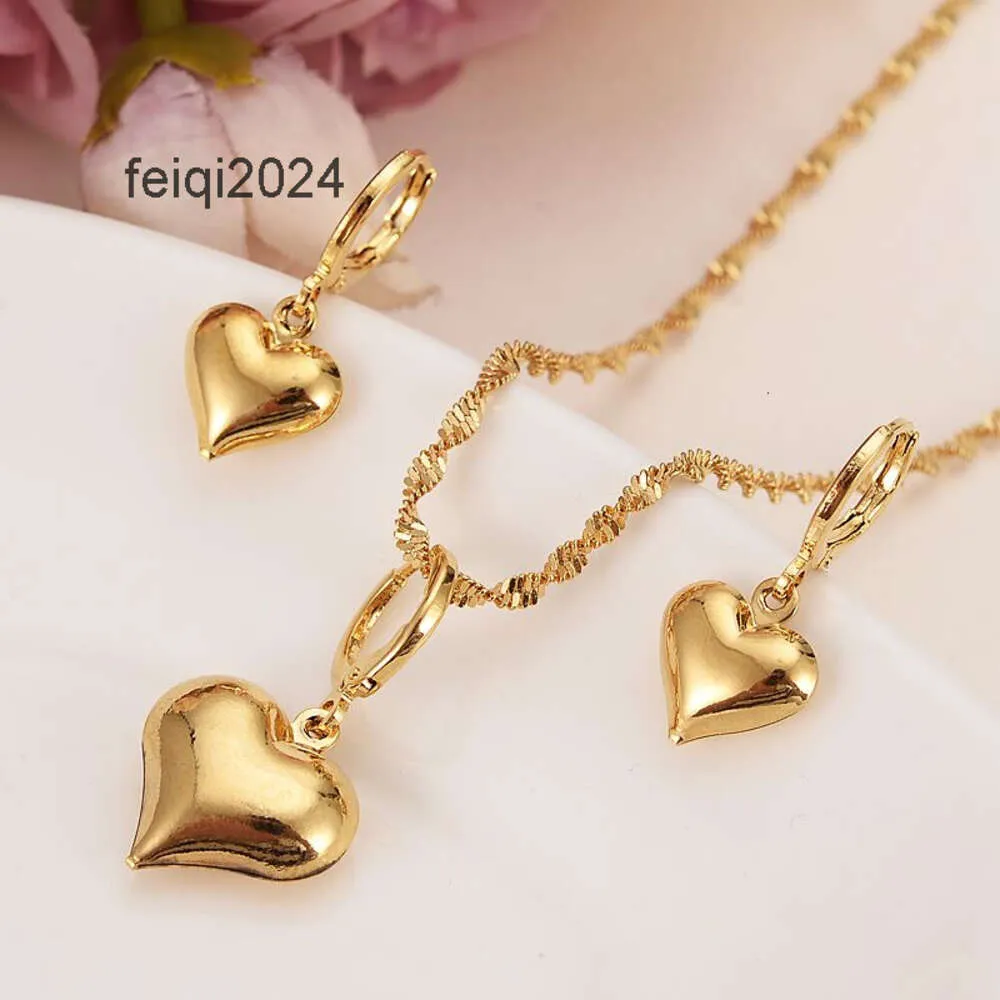 Collares con colgante de corazón encantador relleno de oro sólido amarillo de 24 k, conjuntos de joyería de fiesta para mujeres y niñas, regalos, dijes diy