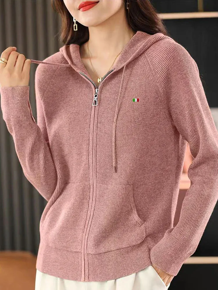 Women's Sweaters Wool Sweater Loose Knitted Long sleeve Spring Cardigan Jacket Korean Tops Female Leisure Zipper Hooded Cashmere 231219