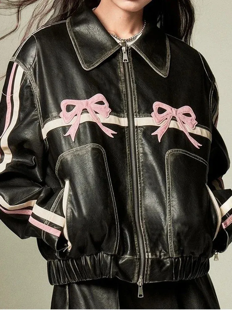 Vintage Faux Leather Jacket Women - Bow Detail, Sweet Punk