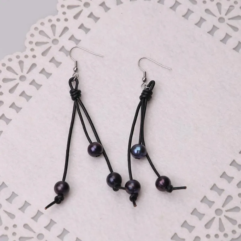Boucles d'oreilles pendantes en acier inoxydable, faites à la main, goutte de perles pour femmes, perles d'eau douce bleues, crochet pendentif