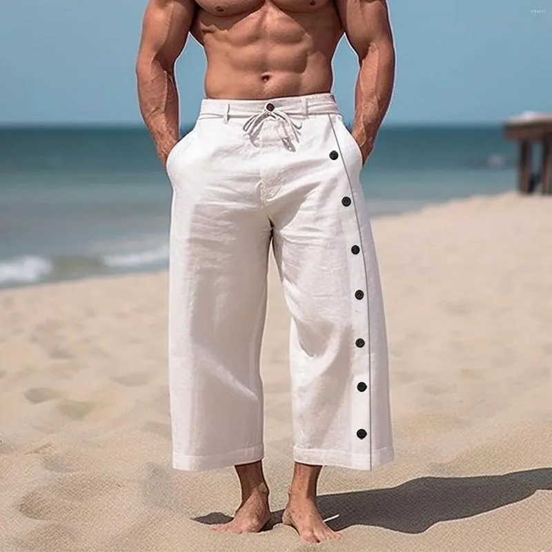 Pantaloni da uomo Casual Tinta unita Nove punti Pantaloni multi bottoni in cotone e lino Beach 4 1 Chino elasticizzati Uomo House 6