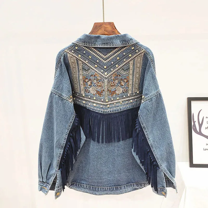 Men's Vests Denim Jacket Floral Embroidery Suede Fringe Loose Denim Coat Chaquetas Mujer Coat Long Sleeve Outerwear Women Vintage Streetwear 231219