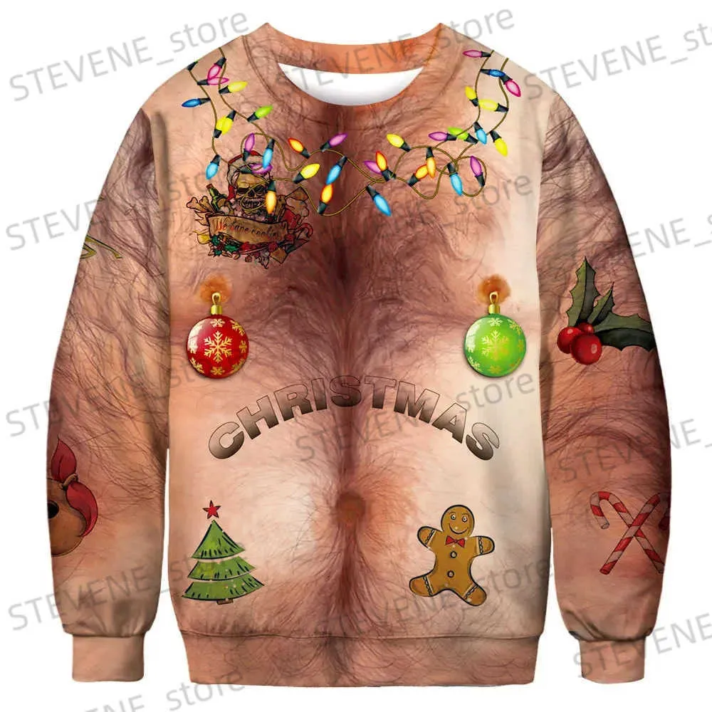 Men's Sweaters Ugly Christmas Sweater Women/men Chest Hair Funny Loose Pullover 3D Kawaii Cartoon Cosplay Winter Tops Clothing Jersey Moletom T231220