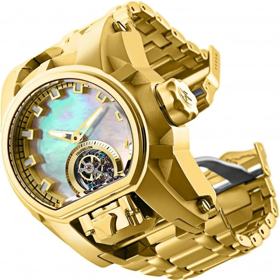 Modell 28393 Herrklocka Mekanisk kvartsreservbult Zeus Men 52mm rostfritt stål Dual Time Zone Gold Wristwatch287T