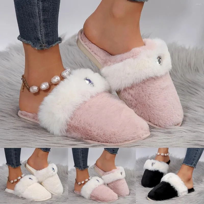 Pantoufles en peluche strass plat coton dames mode hiver chaud couleur unie chaussures femmes intérieur chambre talons pantoufle