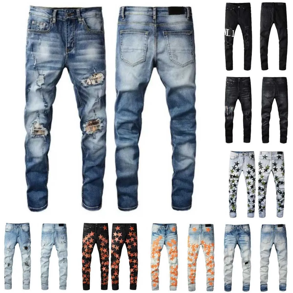 Diseñador para hombre Amirs Jeans Denim Pantalones bordados Moda Agujeros Pantalón Hip Hop Pantalones desgastados con cremallera para hombre él