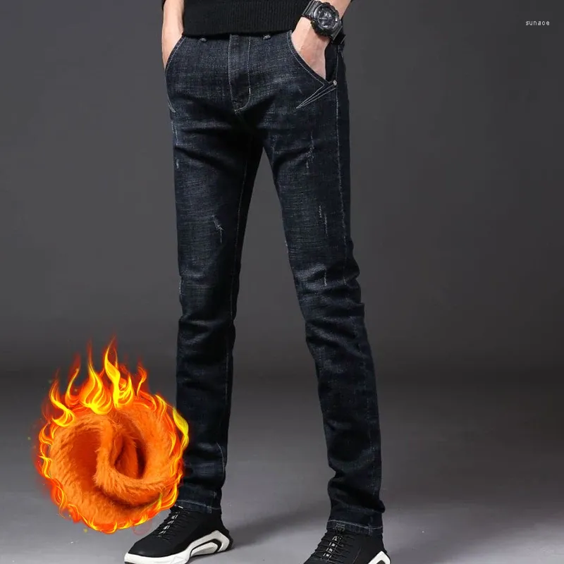 Jeans da uomo in pile dritto da uomo inverno caldo pantaloni in denim tinta unita uomo marchio di abbigliamento moda casual largo classico