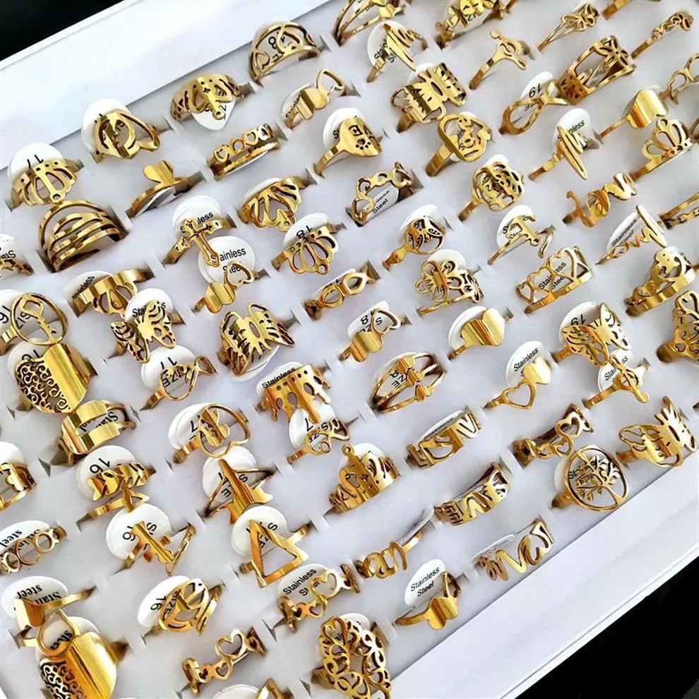 100 pçs / lote anéis de corte a laser para mulheres estilos mix ouro aço inoxidável charme anel meninas festa de aniversário favor feminino bonito je308s