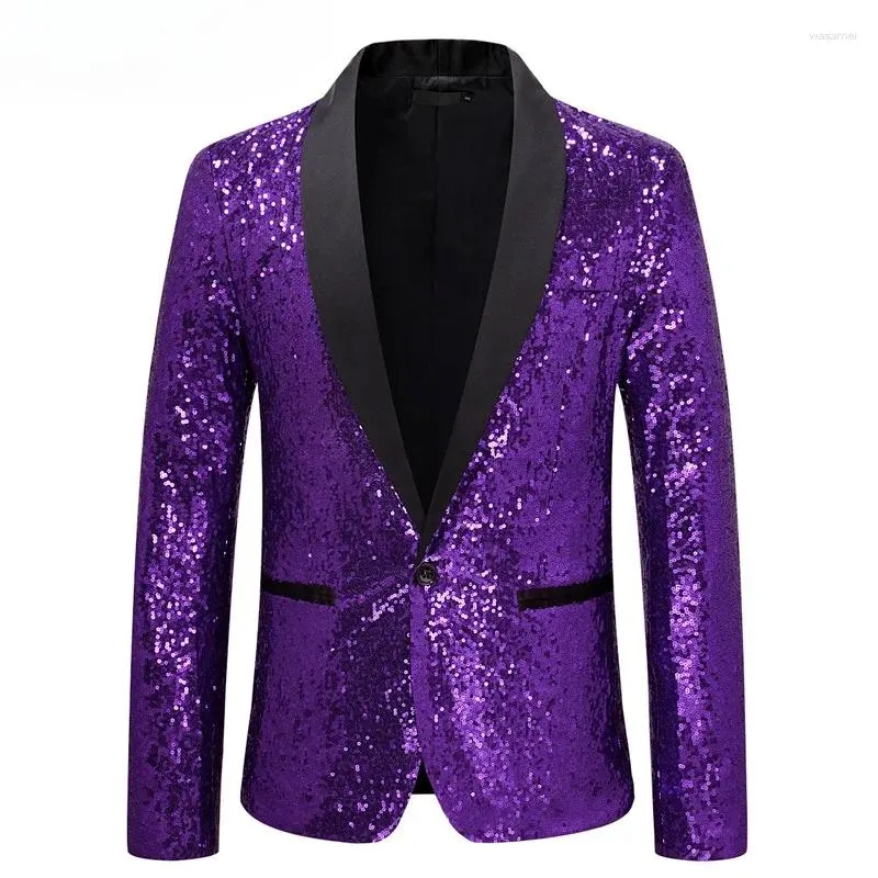 Abiti da uomo Lucido Viola Paillettes Glitter Impreziosito da Smoking Giacca da Uomo Un Bottone Collo a Scialle Night Club Stage Costume da Sposa Homme