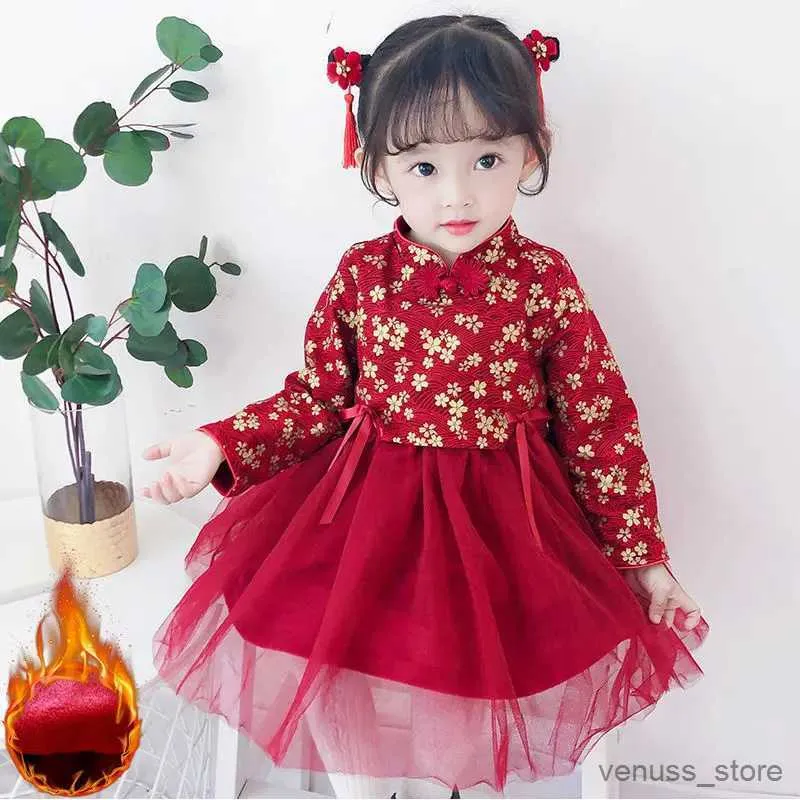 Sukienki dla dziewczynki Kids qipao sukienka haft haft flower tang kostium nowy rok sukienki dla dzieci aksamitne zagęszcza sukienki vestidos dla dziewcząt