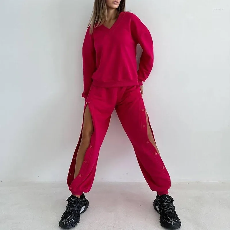 Tenue de pantalon à deux pièces pour femmes Pull à manches longues à manches longues à manches à manches à manches simples de la mode ouverte de la mode femme