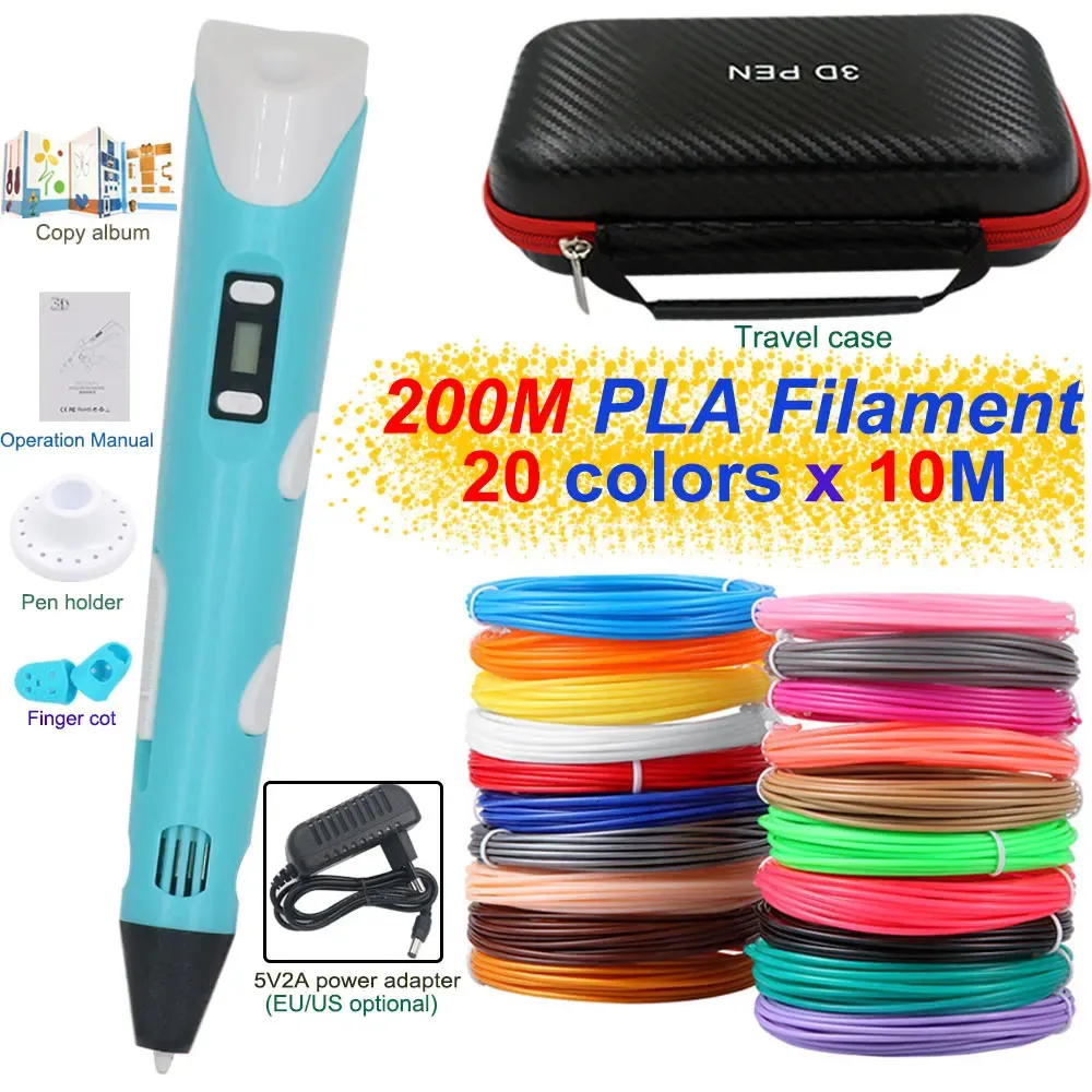 Ensemble de stylos d'impression 3D pour enfants avec adaptateur secteur 200 PLA Filament étui de voyage enfants anniversaire noël cadeau créatif 231219