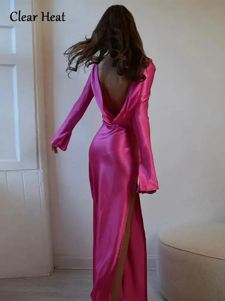 Sexy Backless Strapless Satin High Split Autumn Dres Flare Long Sleeve Ladies Elegant Slim Party Dresses 231020