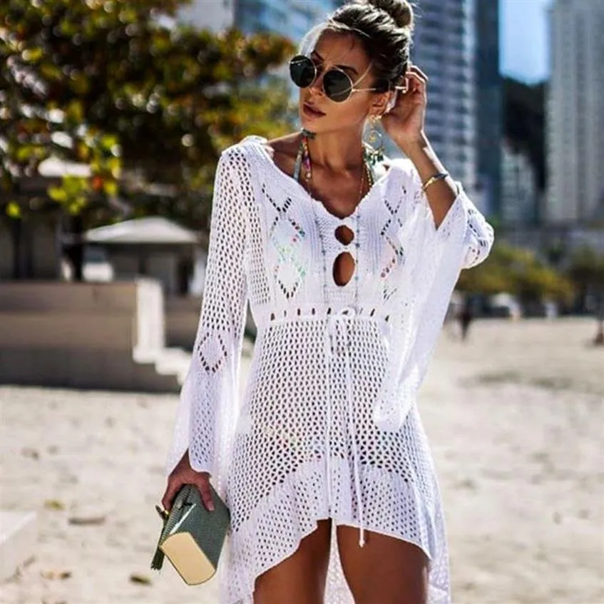 2019 Crochet White Bandited Beach Cubre Ups Túnica Long Pareos Bikinis Cover Ups Swim Up Robe Plage Beachwear306t