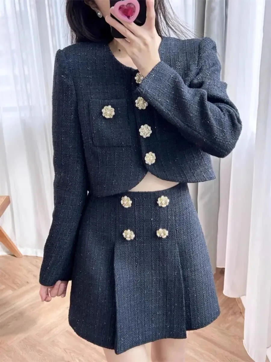 Women's Two Piece Pants Autumn Winter Women Tweed Set Round Neck Long Sleeve Single Breasted Coat or High Waist A-Line Mini Skirt 231219