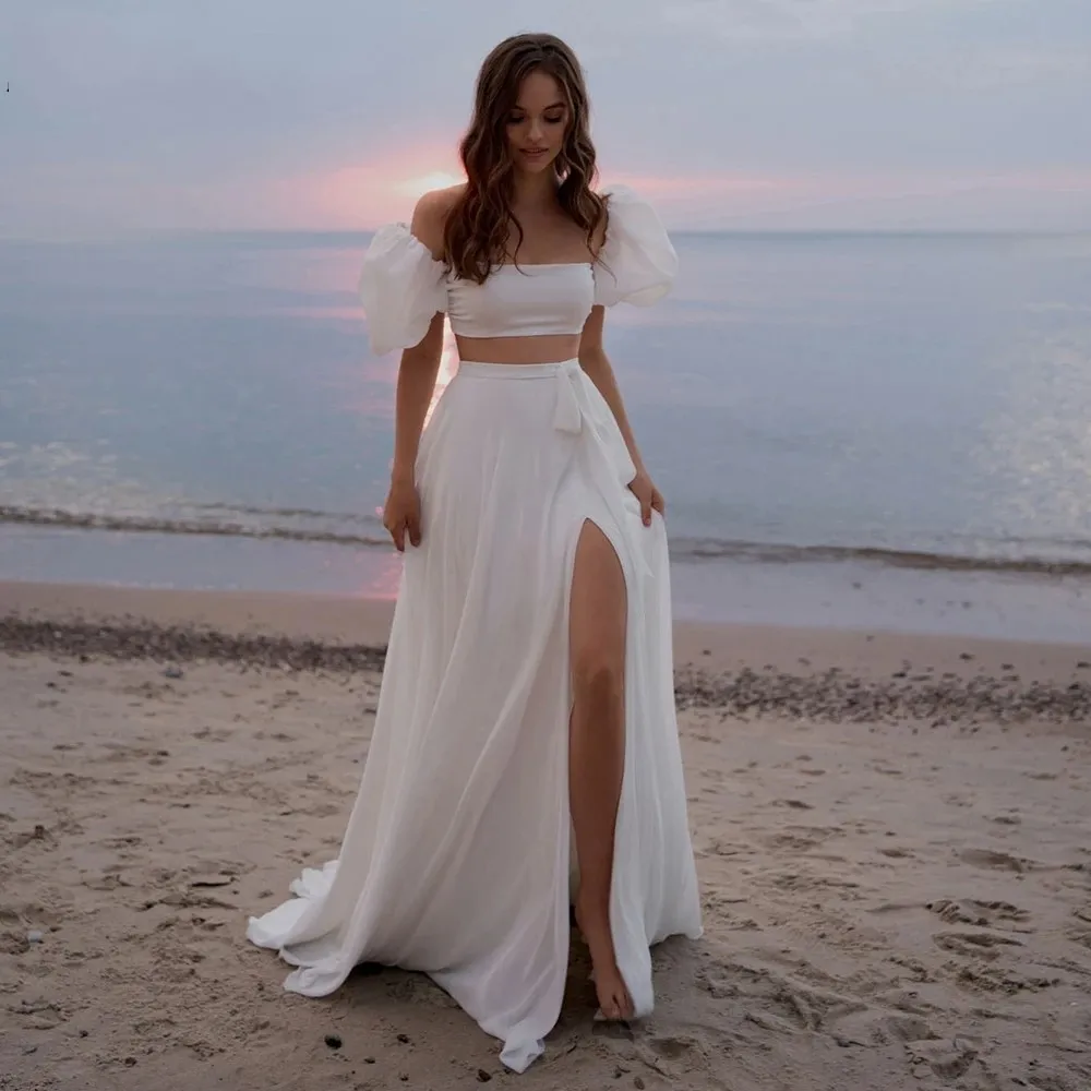 Två stycken enkel strandbröllopsklänning för kvinnor 2024 Lykta ärmar Chiffon Bridal Summer Gown High Slit Vestido de Novia