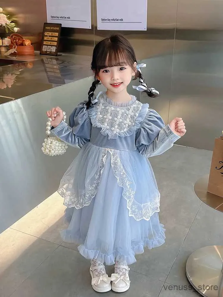 Girl's Dresses Girl's Winter Dress Plush Velvet Thick Blue Birthday Princess Korean Little Girl Long sleeved Western Mesh Dress