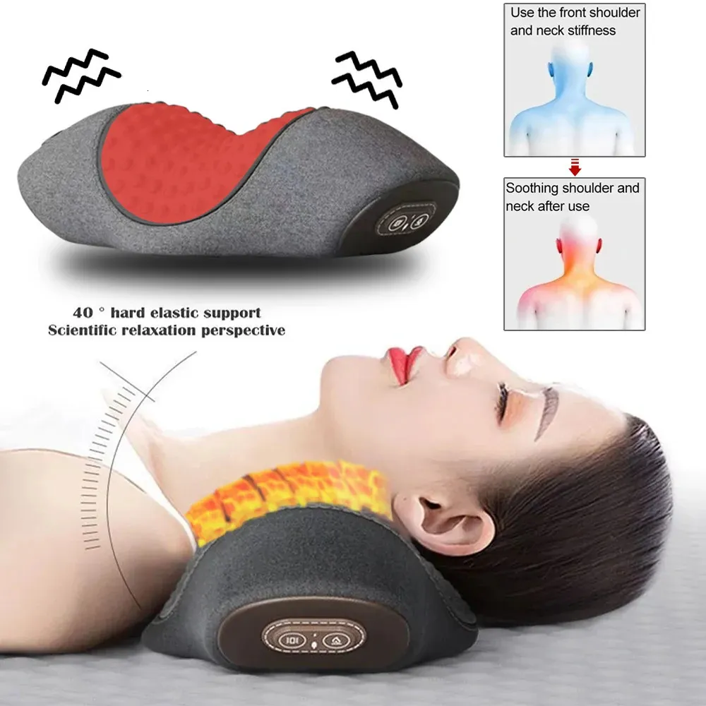 Massera nackkudde Electric Neck Massager Cervical Pillow Heat Vibration Massage Back Traction Relax Sovminneskumskum Kudde Ryggrad Stöd 231220