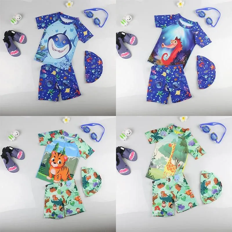 Indossare un costume da bagno per bambini di 18 anni con protezione UV Costume da bagno per ragazzo squalo Stampa 3 pezzi Costume da bagno per bambini con spacco simpatico cartone animato