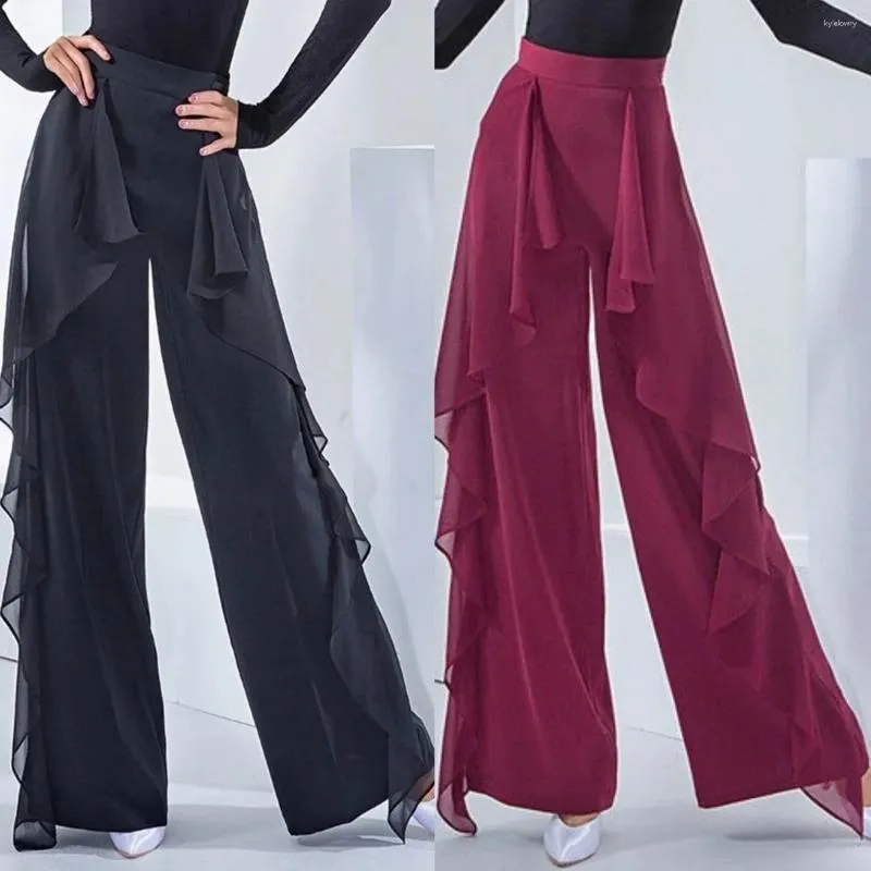 Abbigliamento da palco Ballo latino Pantaloni larghi moderni da donna Sala da ballo femminile con volant a vita alta Danc