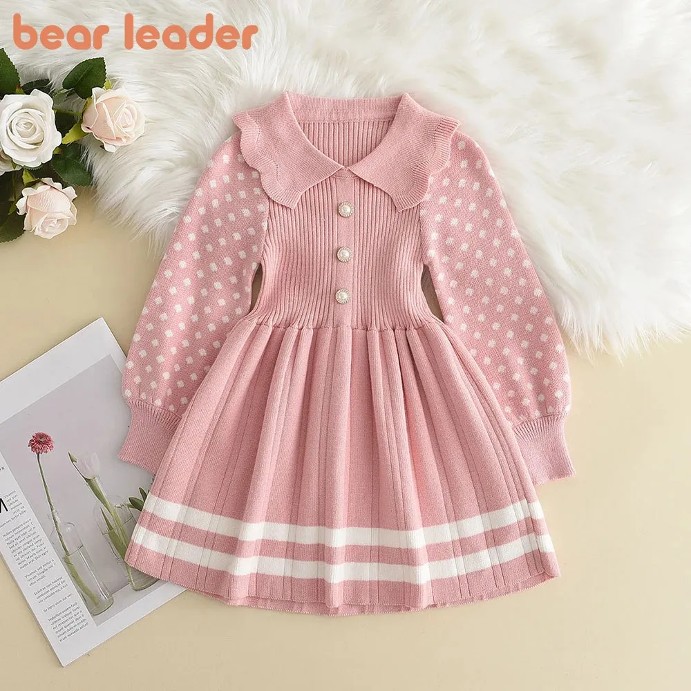 Bear Leader Girl Baby tröja stickad klänning varm polka prickar flickor spädbarn casual veckade prinsessa klänningar vestidos 231221