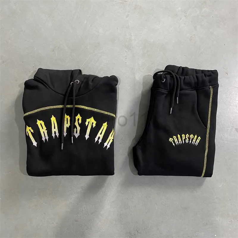 Men's 2024 Trapstar Tracksuit Set - Black Paneled Gold Embroidery