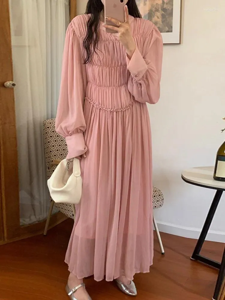 Casual Dresses Soft O Neck veckad midjeklänning för kvinnor långärmad chiffong maxi 2023 vår sommar fashionabla vestido m706