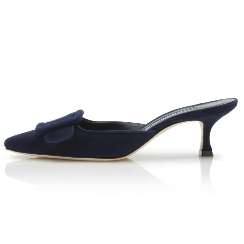 Sandalias famosas Maysale Bombas de 50 mm Mimbre azul marino gatito gatito mulas Italia Hermosas mujeres Slingback puntiagudo de los dedos de la noche del diseñador de la noche Sandalia de tacones altos Eu 35-43