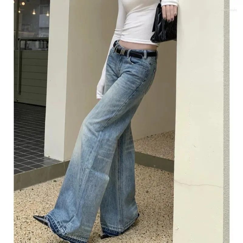 Women's Jeans American Retro Rough Selvage Washed Casual Women 2024 Spring Low-waisted Loose Distressed Denim Wide Leg Pants