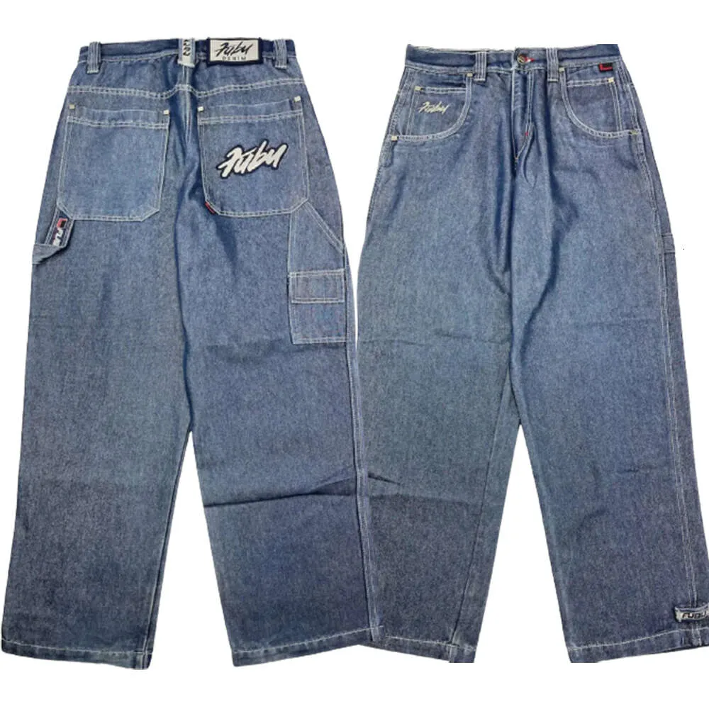 Fubu Streetwear Mens Haruku Hip Hop Letter Graphic Vintage Blue Worbgy dżinsy Nowe gotyckie wysokie paliwa szerokie spodnie