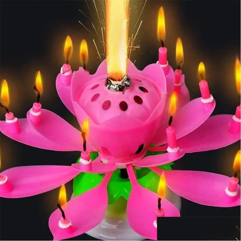 Lotus Flower Candles Birthday Cake Music Rotating LED Christmas Festival Home Party Decor