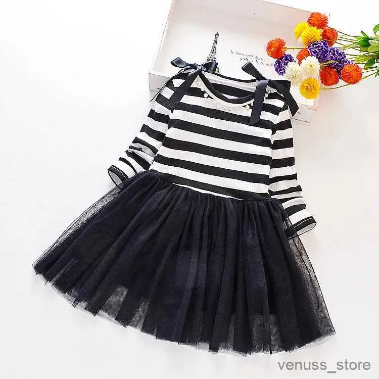 Mädchen Kleider Mädchen Baby Streifen Langarm Mesh Kleid Herbst Neue Kleine Mädchen Süße Muster Nagel Perlen Kleid Kinder Mädchen