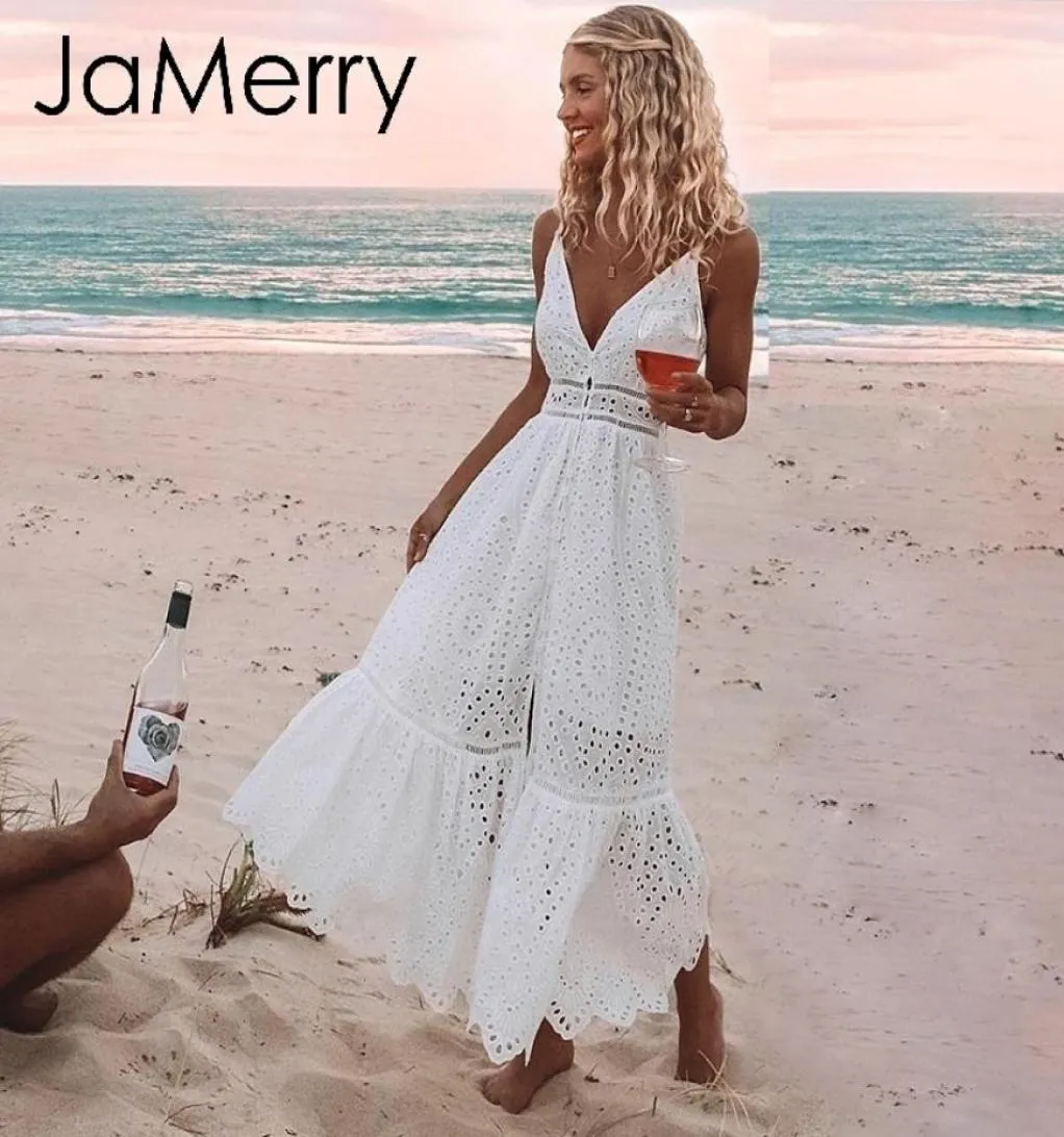 Jamerry Boho Embroidery White Sexy Lace Women Summer Maxi Dress Spagetti Strap Cotton Dresses Holiday Party Long Vestidos 2019 Y17621950