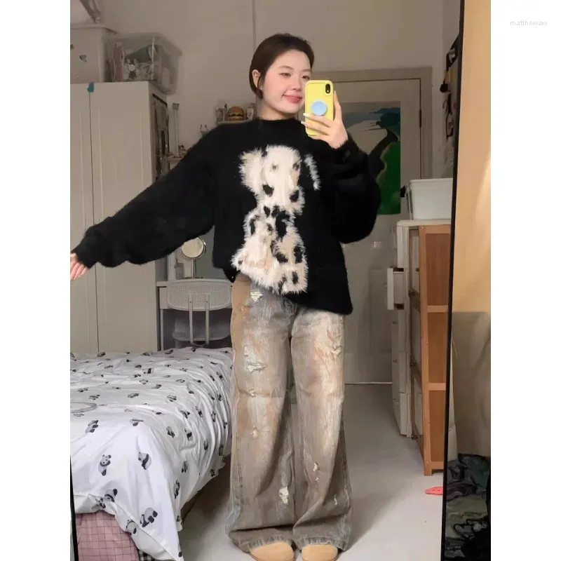 Dames truien Koreaanse streetwear overtollige vrouwen vintage high street cartoon pullovers gebreide top y2k harajuku ulzzang mohair trui