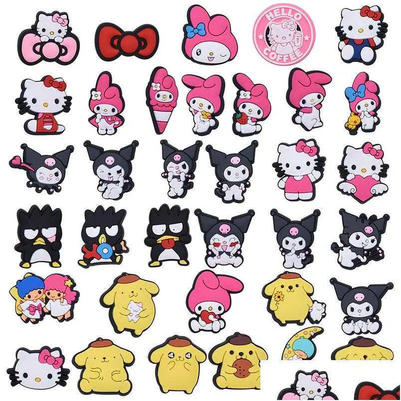 Shoe Parts & Accessories Charms Wholesale Childhood Memories Kuromi Melody Pink Bow Cats Funny Gift Cartoon Shoe Accessories Pvc Decor Dhnyu