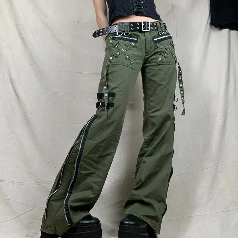 Женские брюки готические панк -мешковатые винтажные брюки Kawaii Bandage с низкой талией грузовые штаны Гранж зеленые джинсы на молнии корейские спортивные штаны 231221