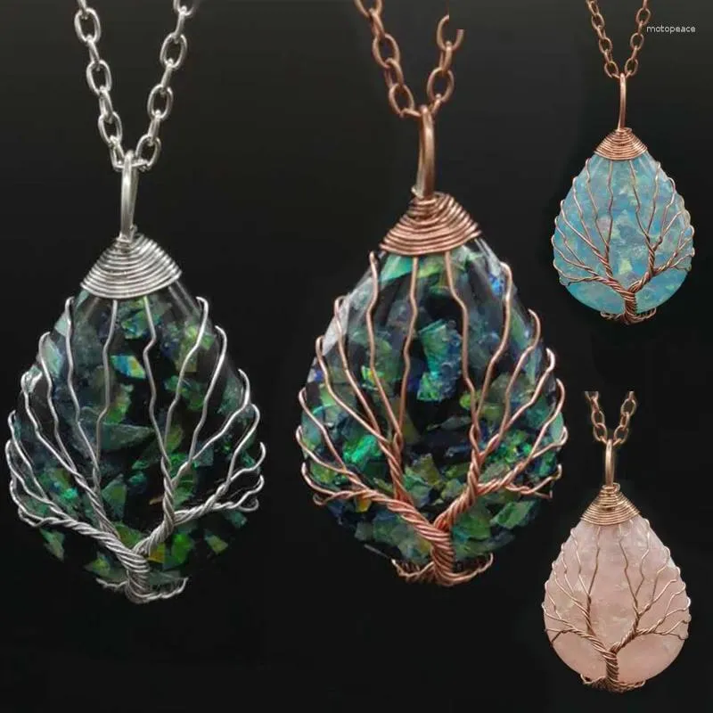 Pendant Necklaces Handmade Tree Of Life Wire Wrap Abalone Shell Resin Necklace & Blue White Pink Energy Reiki Healing Amulet Jewelry Gifts