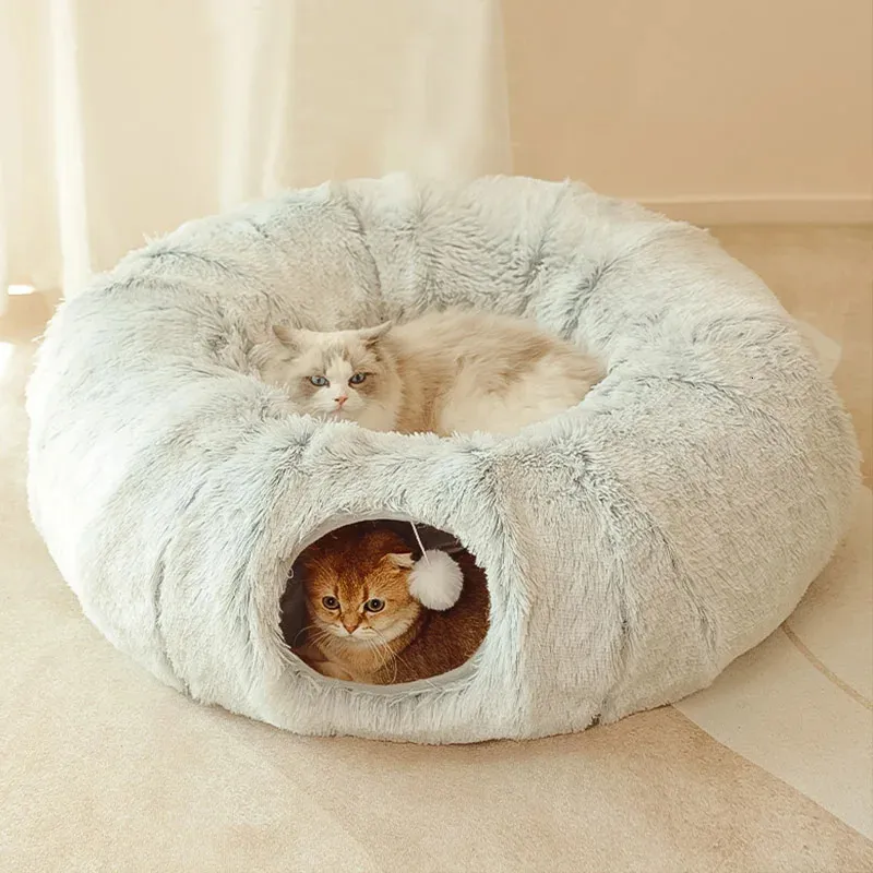 2 i 1 runda kattbäddar hus rolig katttunnel leksak mjuk lång plysch hund säng för små hundar korg kattungar säng matt kennel djup sömn 231221