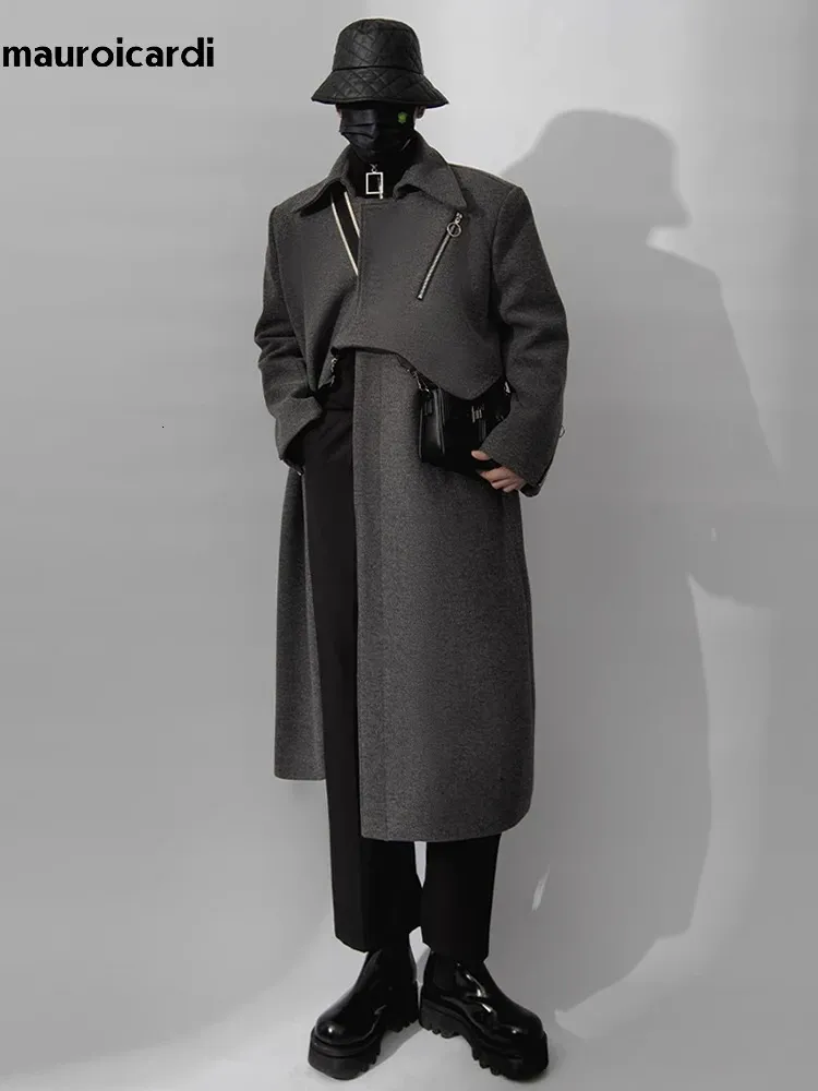 Mauroicardi automne hiver long Trench-coat de laine gris doux mouleux Men de luxe Mélange de laine de luxe Vêtements de créateurs de luxe 231221