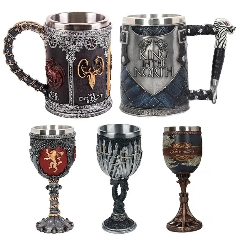 Mugs Mugs Retro Viking Beer Mugs Coffee Cups 3D Gothic Goblet Iron Throne Tankard Stainless Steel Resin Wine Glass Mug Bar Decoration G