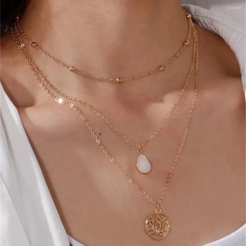 Colares pendentes Boho Vintage Gold Color Chain Drop Opal Hollo