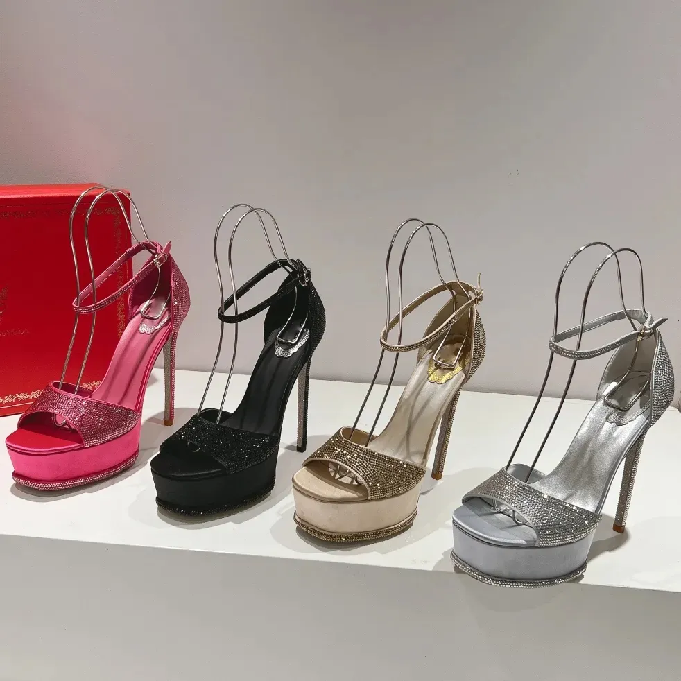 Stiletto Heel Sandals Rene Caovilla Wedding Dress Shoes Fashion Rhinestone Platform Cover Heel