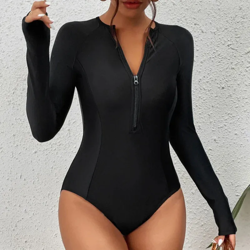 Zwarte Lange Mouw Badmode Sport Badpakken Gesloten Surfen Bodysuit Vrouwen Zwemmen Bad Badpak Beachwear Zwembad 231221