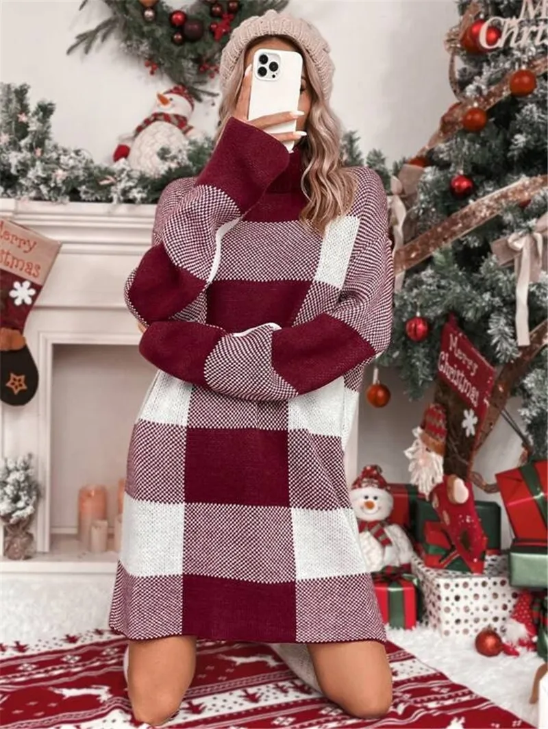 Neues Herbst- und Winter-Rollkragenpullover, locker sitzendes kariertes Kontrast-Pulloverkleid