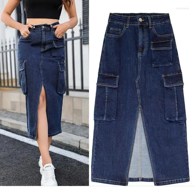 Röcke Vorne geschlitzter Senim-Rock im Cargo-Stil mit mehreren Taschen, hoch taillierte Slim-Fit-Jeans für Damen in halber Länge