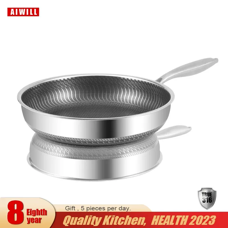 Aiwill Kitchen Quality 316 304 مقلاة من الفولاذ المقاوم للصدأ مقلاة غير لاصق.