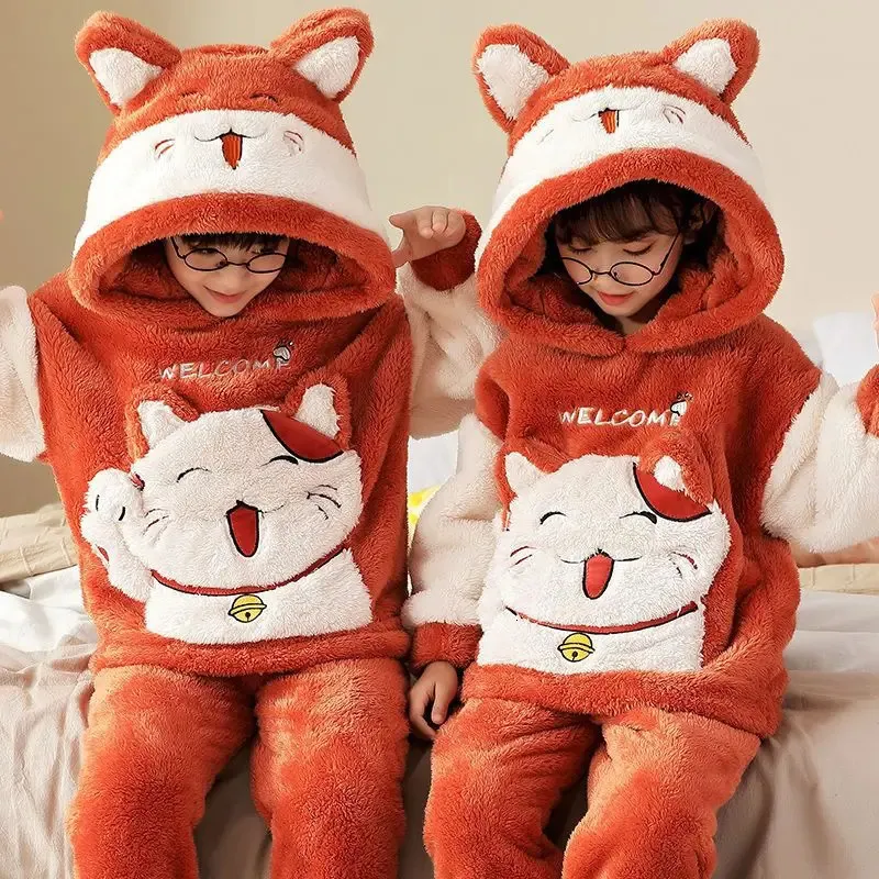 Pyjamas pour enfants d'hiver enfants en peluche épaissir pyjama ensemble vêtements de nuit vêtements de nuit garçons filles pyjamas à capuche Pijamas pour 4 6 8 12 ans 231220