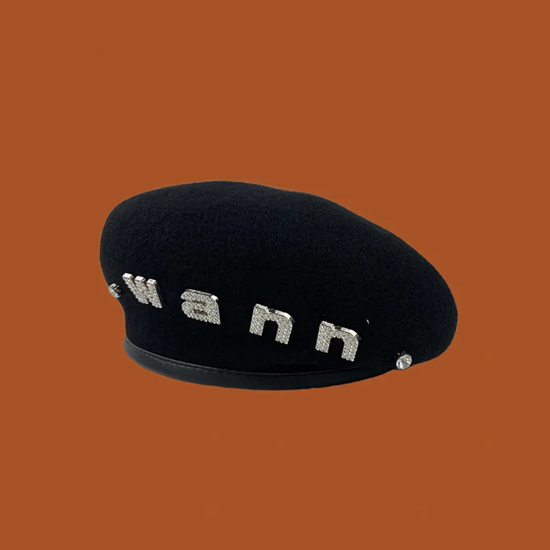 Diamond Berets Women Designer Black Letter Hats Fashion Trendy Thick Walking Cap