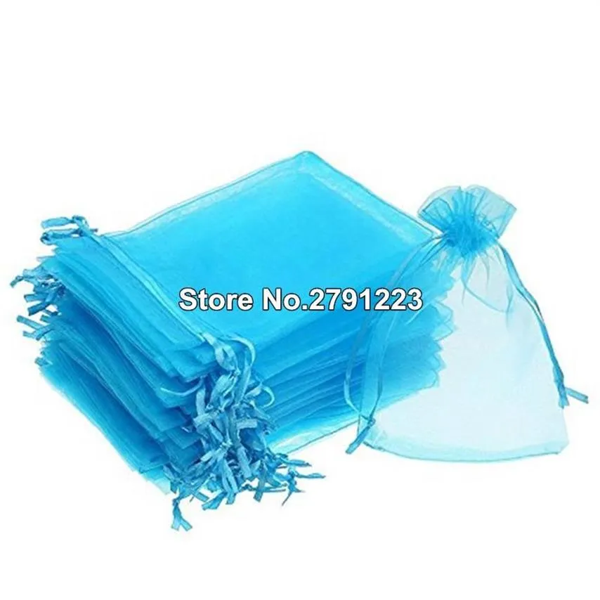 Bolsas de jóias de embrulho de presentes 100pcs embalando organza azul desenhada 7x9 9x12 10x15 13x18 Sachet Decor de decoração de casamento Ship324s