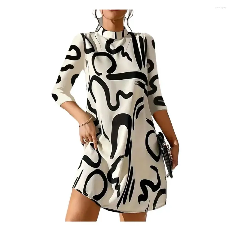 Casual Dresses Dress Half-high Collar Color Matching Printed Loose Long Sleeve Thick Warm Retro Pullover Fall Winter Mini Robe Femme